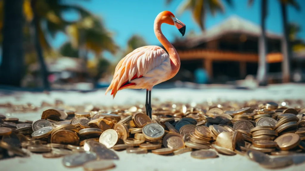 Flamingo Fire - Retire Early. Financial Independence. Flamingo with money at the beach