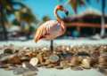 Flamingo Fire - Retire Early. Financial Independence. Flamingo with money at the beach