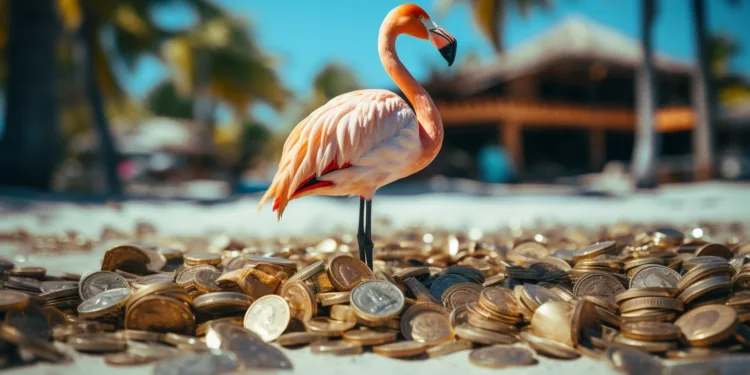 Flamingo Fire - Retire Early. Financial Independence. Flamingo with money at the beach